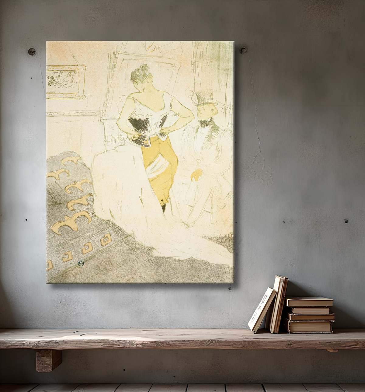 Reproduction Femme attachant un corset, Passing Conquest, planche neuf d'Elles de Henri de Toulouse-Lautrec avec decor