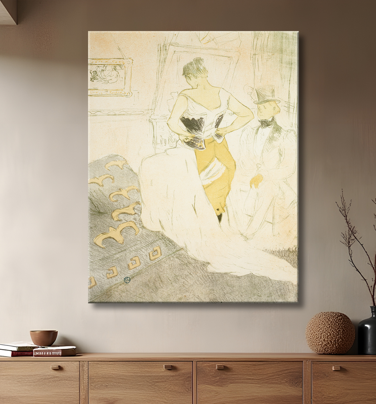 Reproduction Femme attachant un corset, Passing Conquest, planche neuf d'Elles de Henri de Toulouse-Lautrec avec decor