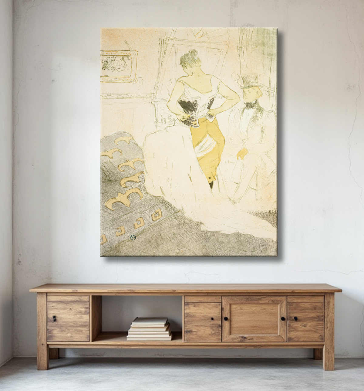 Reproduction Femme attachant un corset, Passing Conquest, planche neuf d'Elles de Henri de Toulouse-Lautrec avec decor