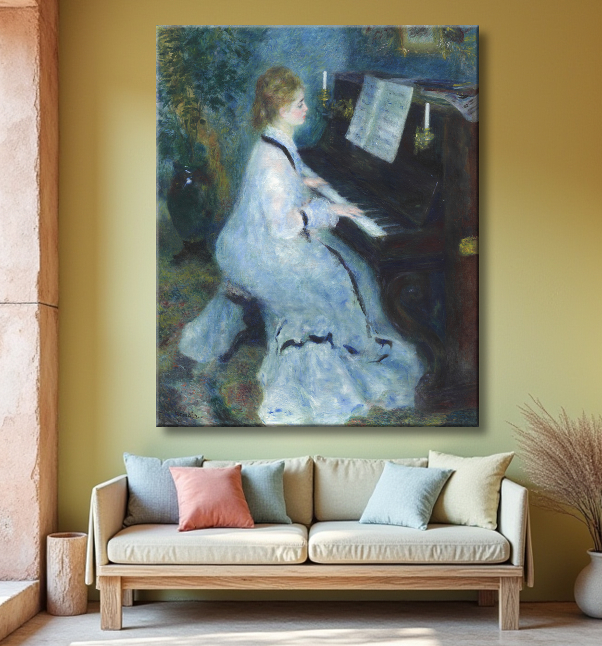 Reproduction femme au piano de Pierre-Auguste Renoir avec decor
