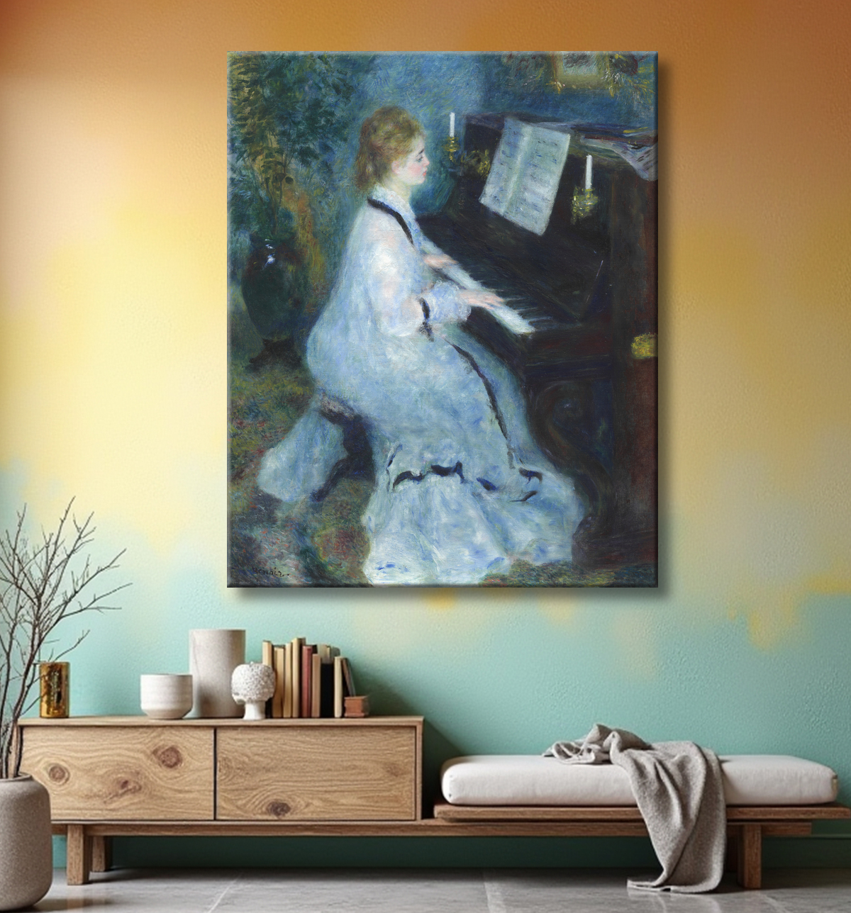 Reproduction femme au piano de Pierre-Auguste Renoir avec decor