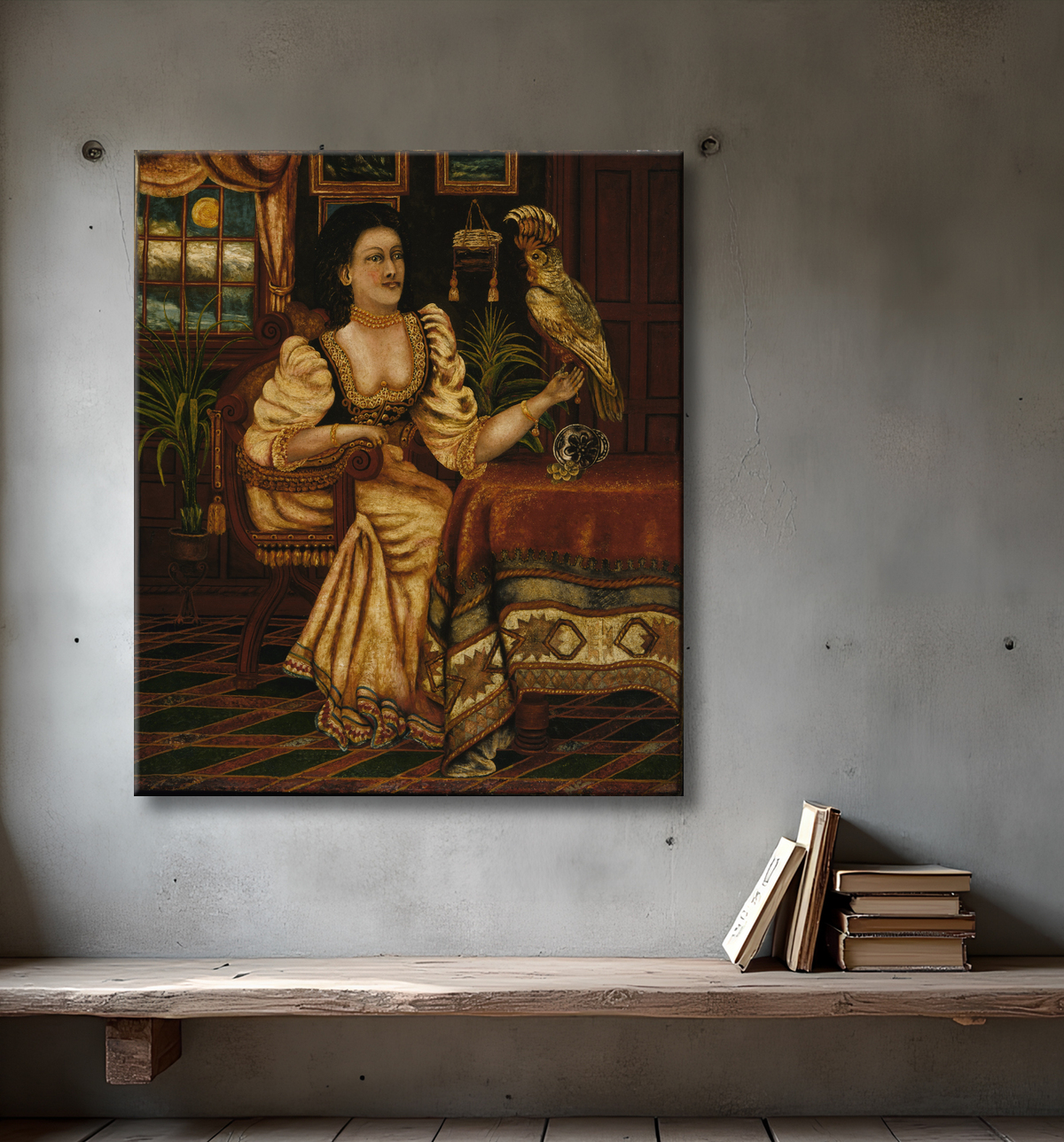 Reproduction Femme avec cacatoès de Peter Oliver Foss, born Norway 1865-died Randolph, MA 1932 avec decor