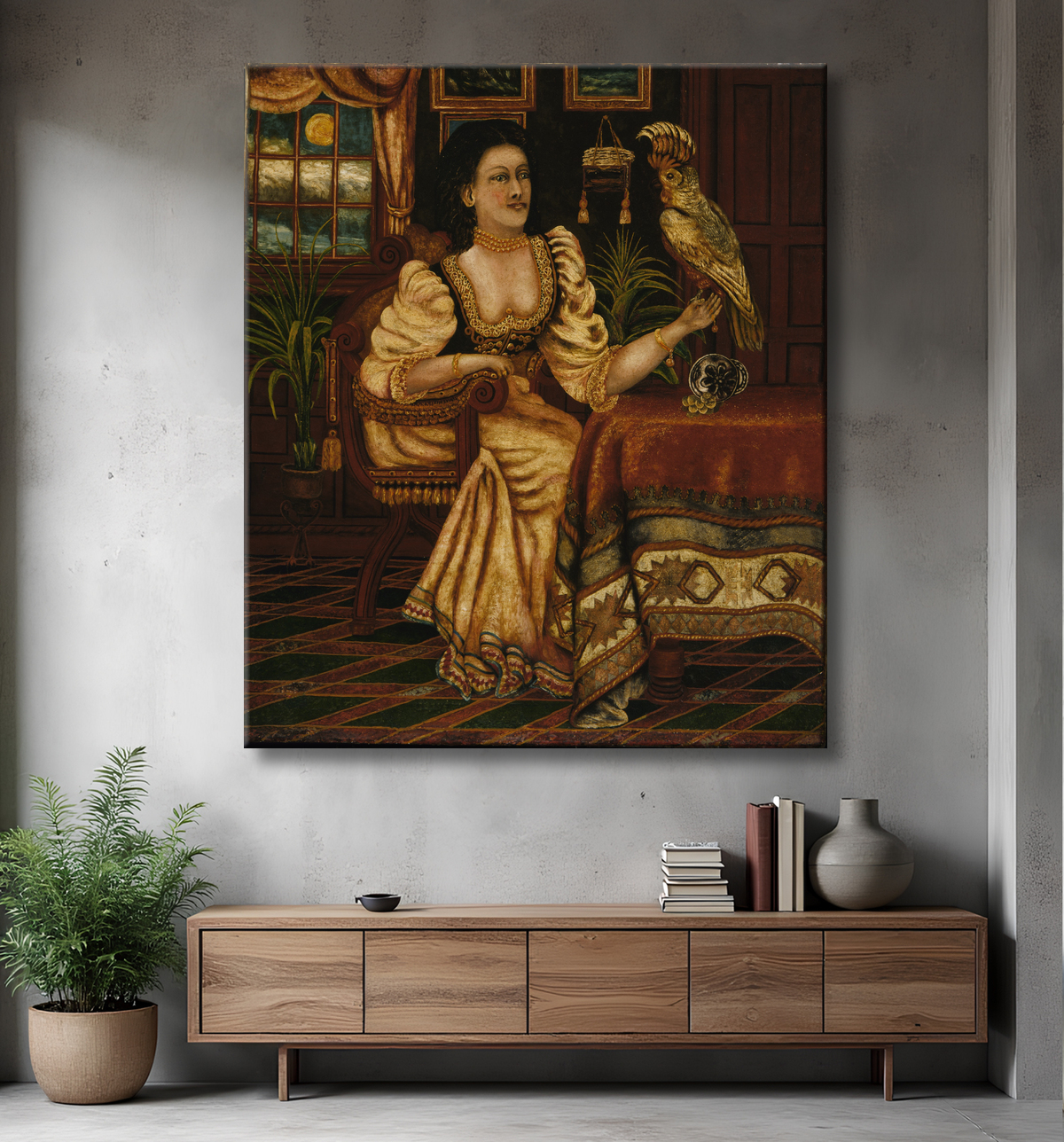 Reproduction Femme avec cacatoès de Peter Oliver Foss, born Norway 1865-died Randolph, MA 1932 avec decor