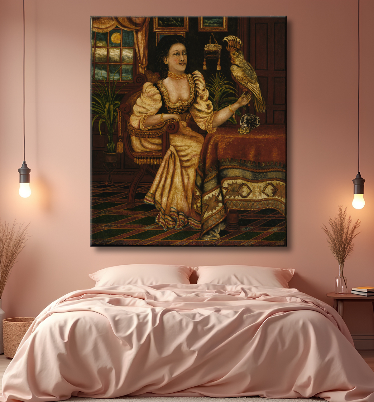 Reproduction Femme avec cacatoès de Peter Oliver Foss, born Norway 1865-died Randolph, MA 1932 avec decor