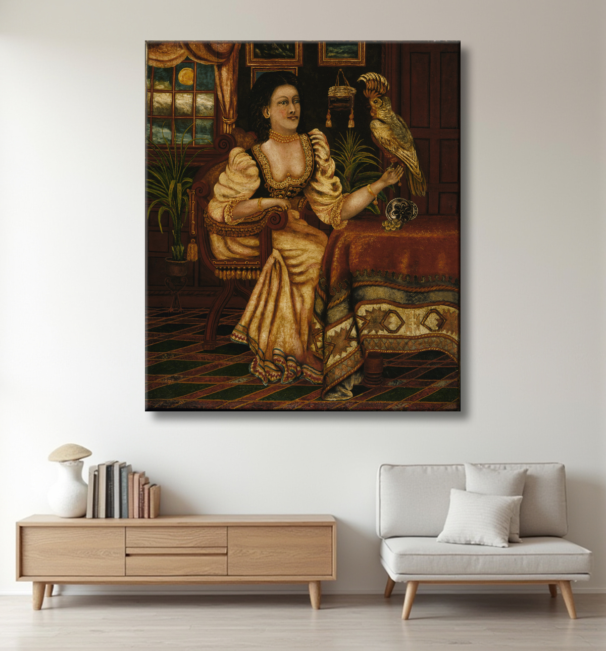 Reproduction Femme avec cacatoès de Peter Oliver Foss, born Norway 1865-died Randolph, MA 1932 avec decor