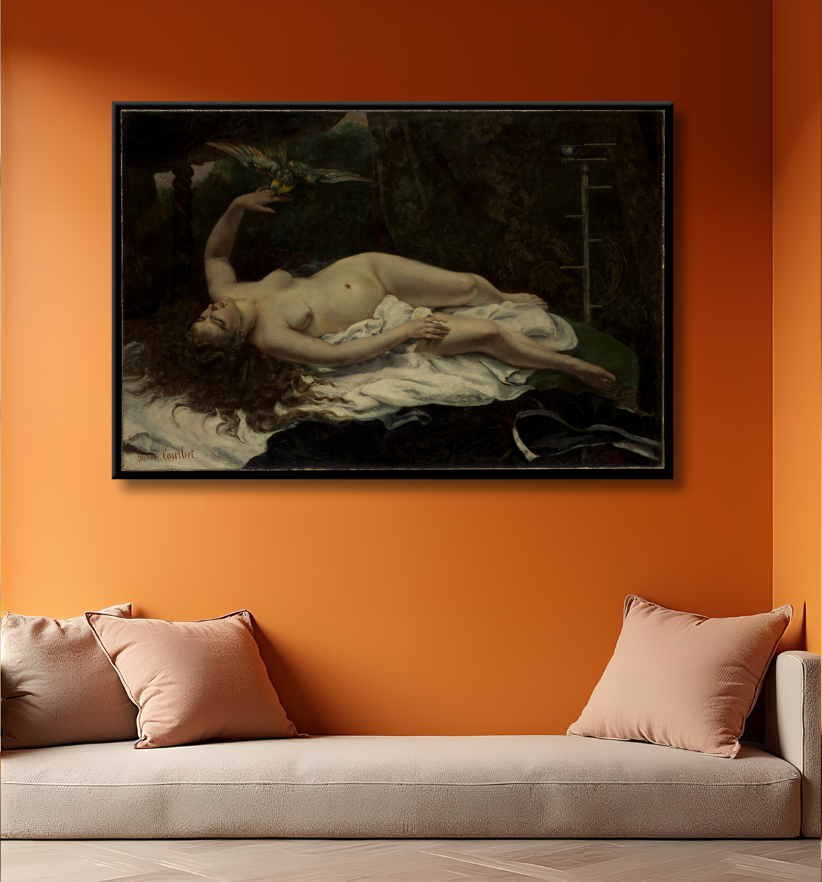 Reproduction Femme avec un perroquet de Gustave Courbet avec decor