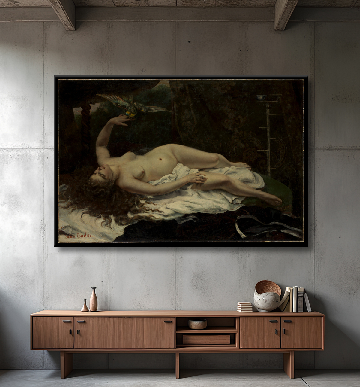 Reproduction Femme avec un perroquet de Gustave Courbet avec decor