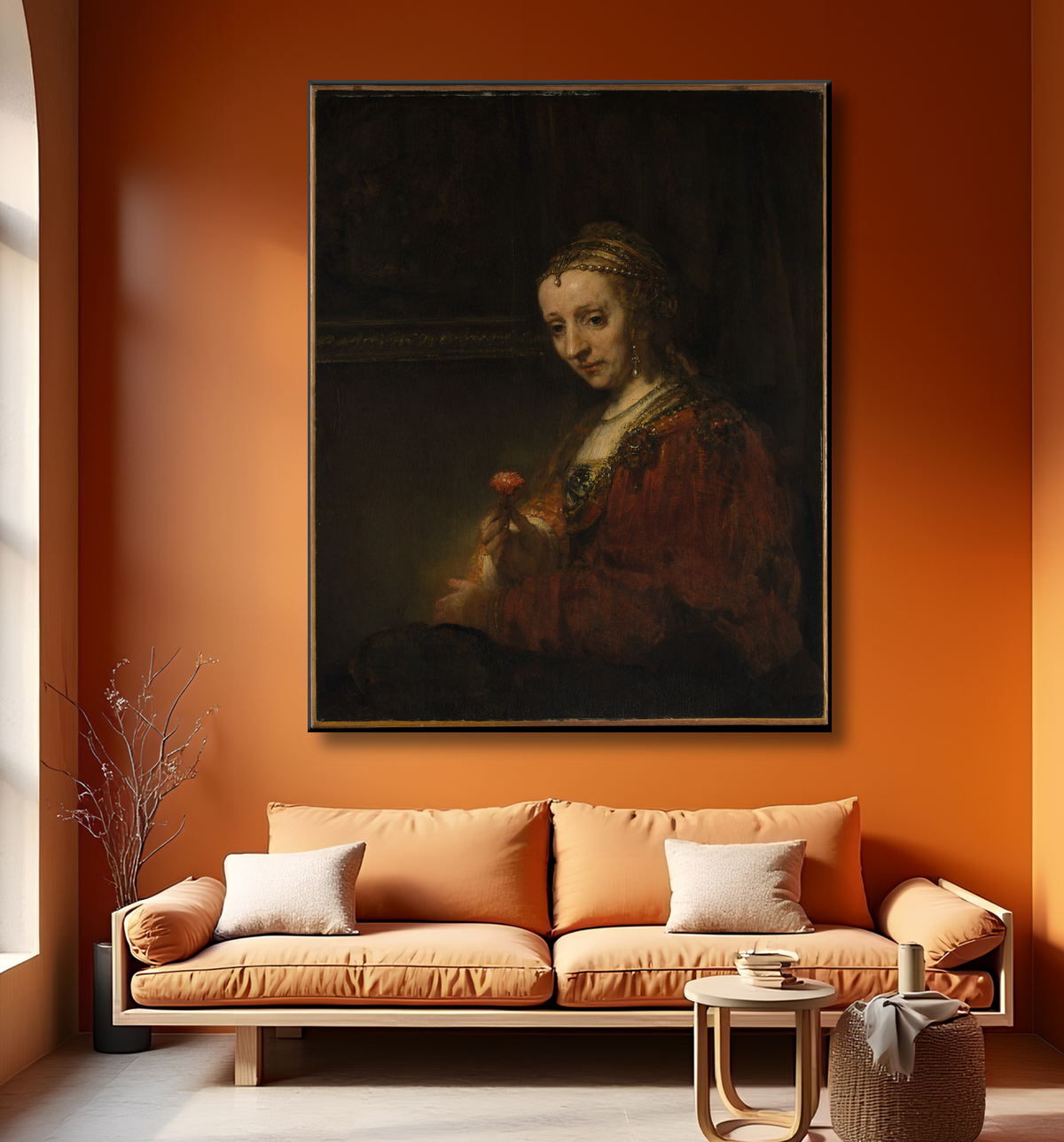 Reproduction Femme avec une rose de Rembrandt (Rembrandt van Rijn) avec decor