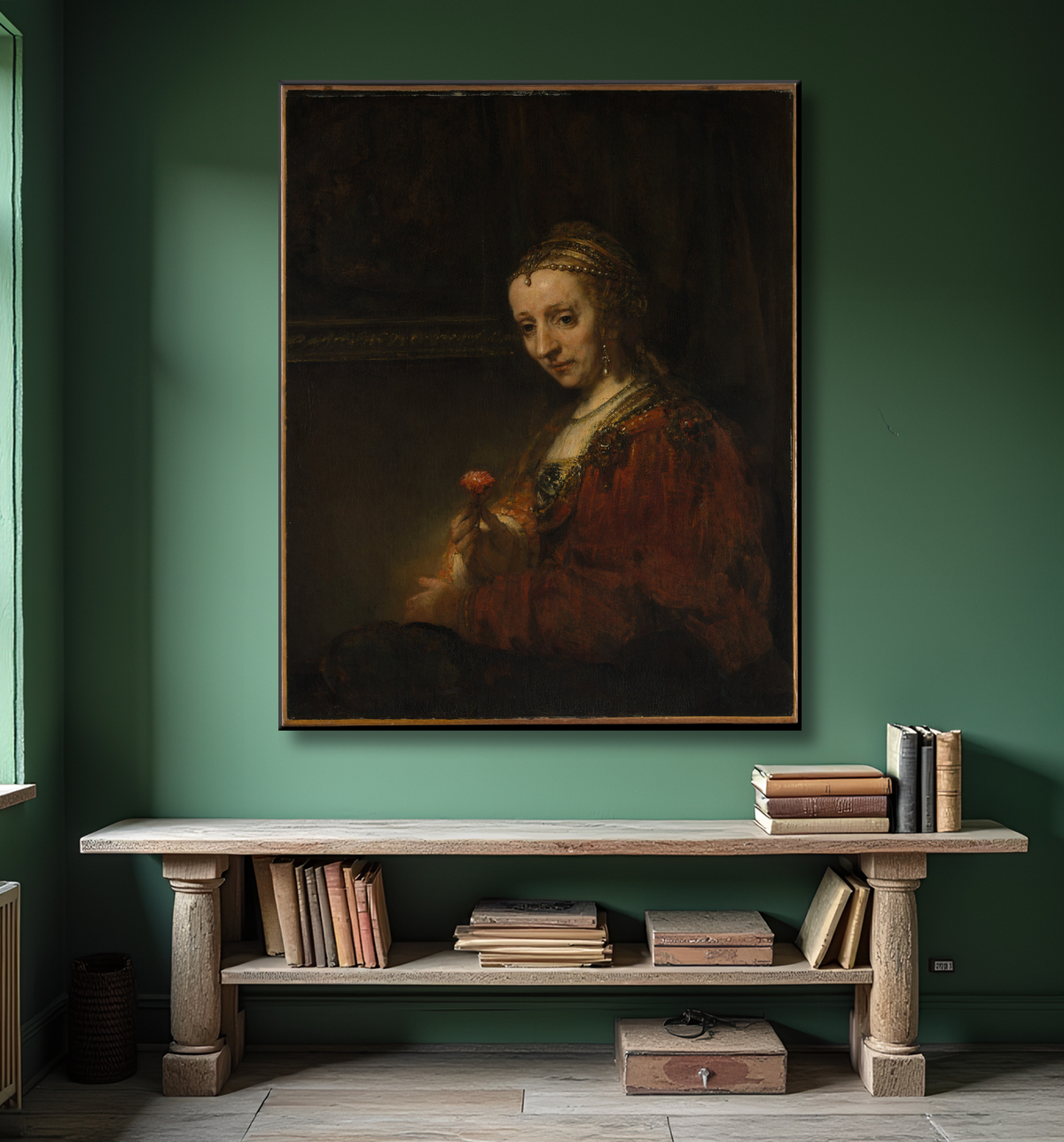 Reproduction Femme avec une rose de Rembrandt (Rembrandt van Rijn) avec decor