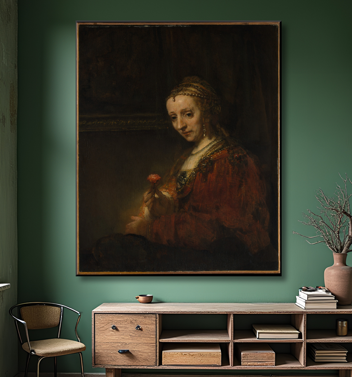 Reproduction Femme avec une rose de Rembrandt (Rembrandt van Rijn) avec decor