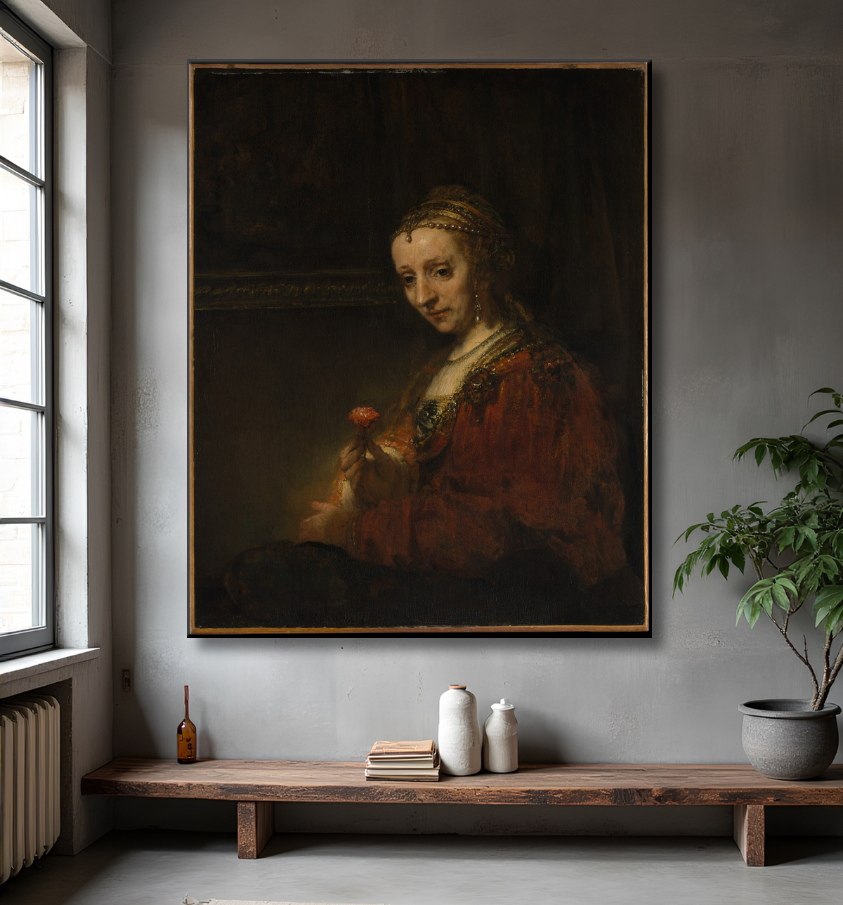 Reproduction Femme avec une rose de Rembrandt (Rembrandt van Rijn) avec decor