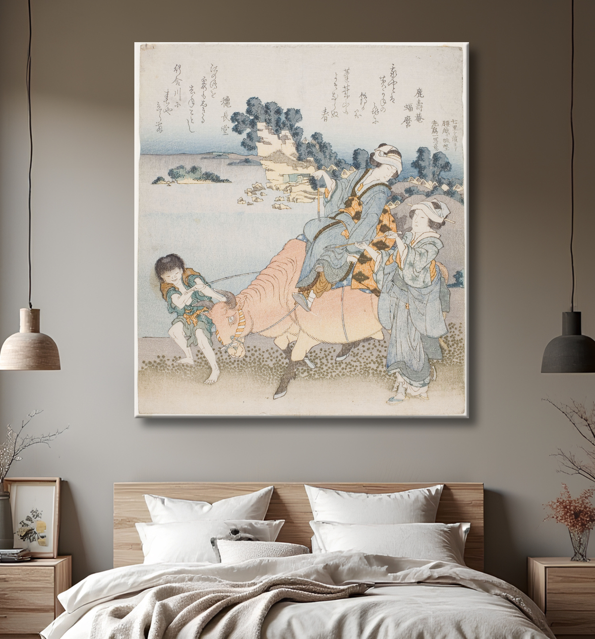 Reproduction Femme chevauchant un bœuf de Katsushika Hokusai avec decor