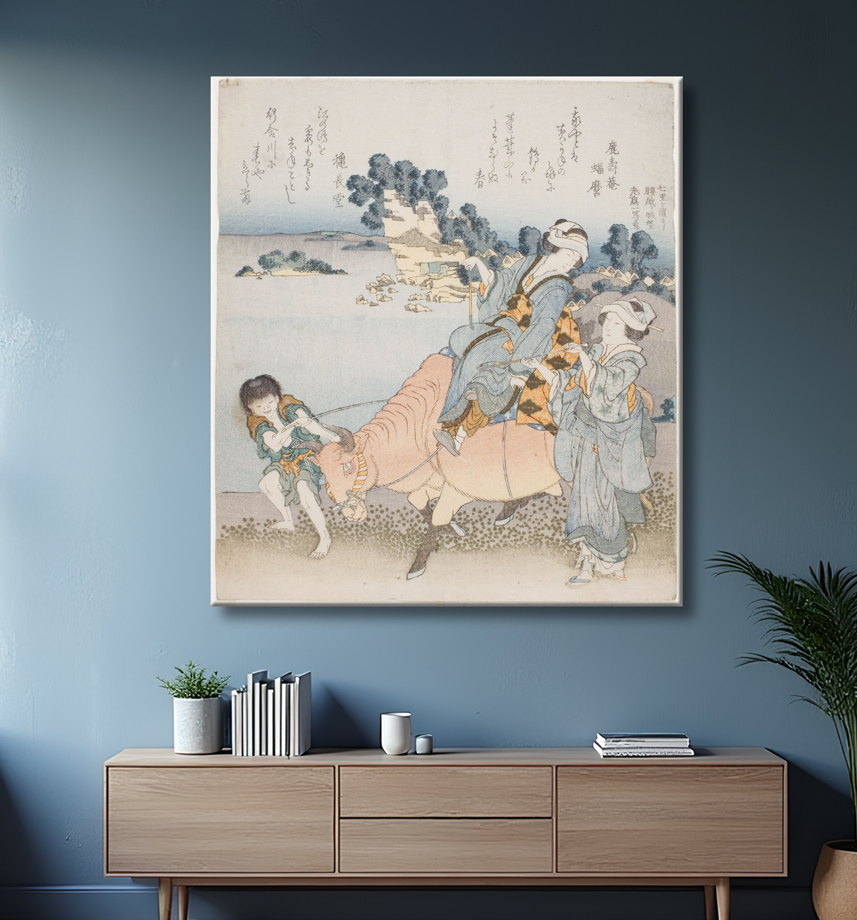 Reproduction Femme chevauchant un bœuf de Katsushika Hokusai avec decor