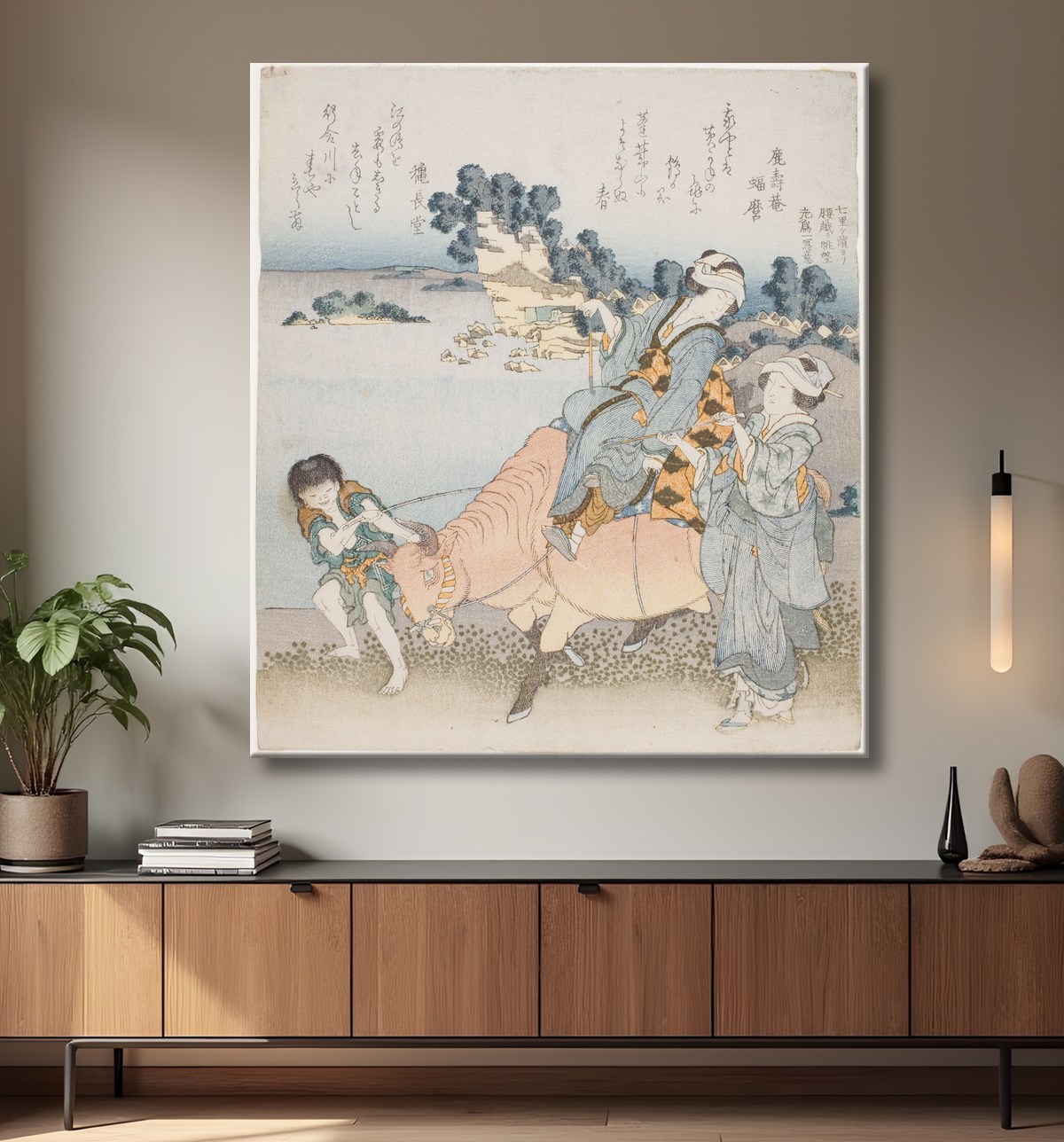 Reproduction Femme chevauchant un bœuf de Katsushika Hokusai avec decor