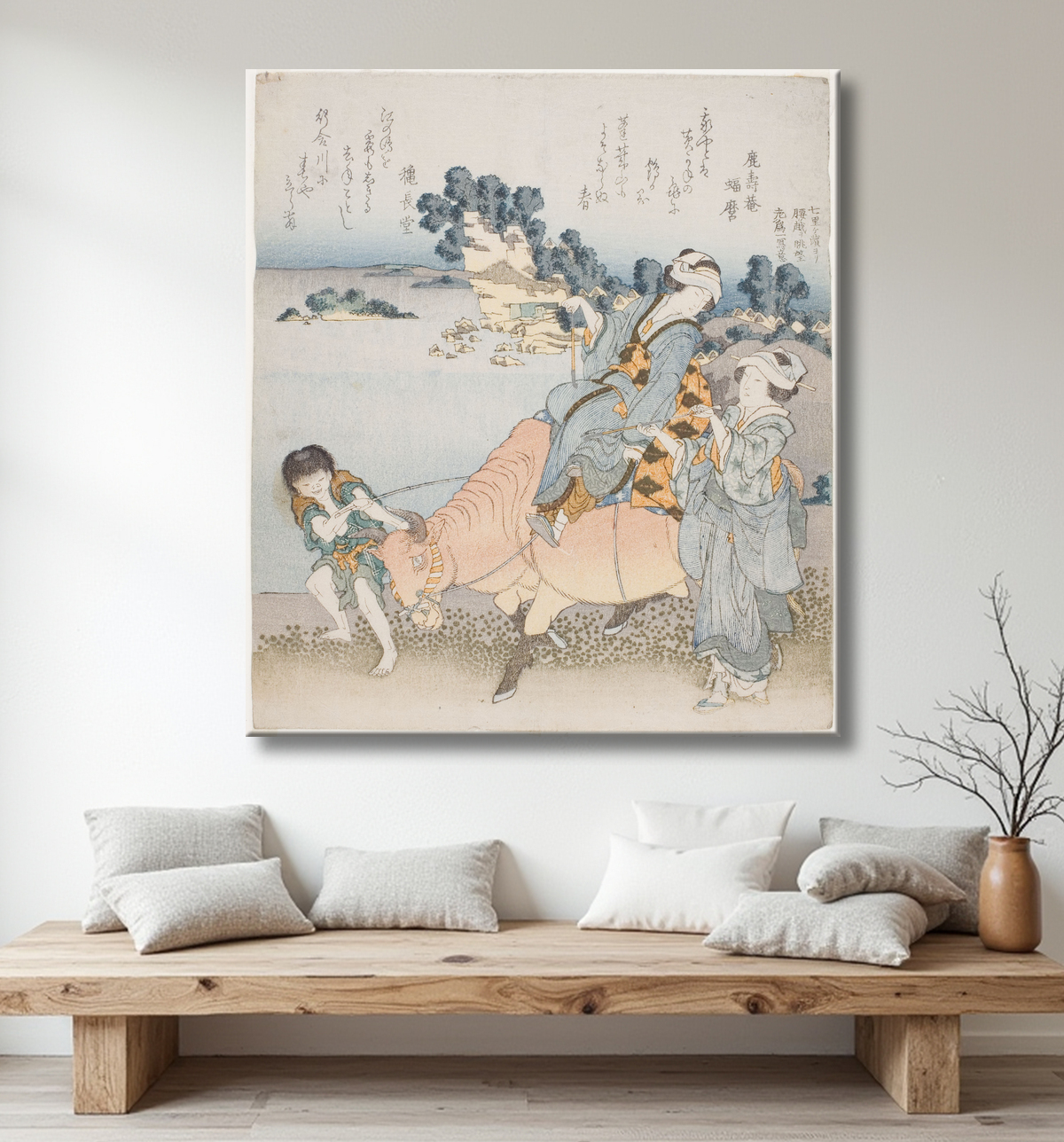 Reproduction Femme chevauchant un bœuf de Katsushika Hokusai avec decor
