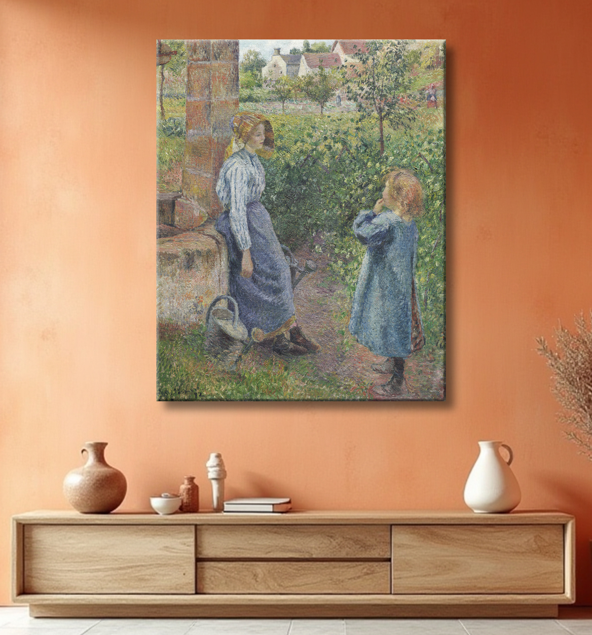 Reproduction Femme et enfant au puits de Camille Pissarro avec decor