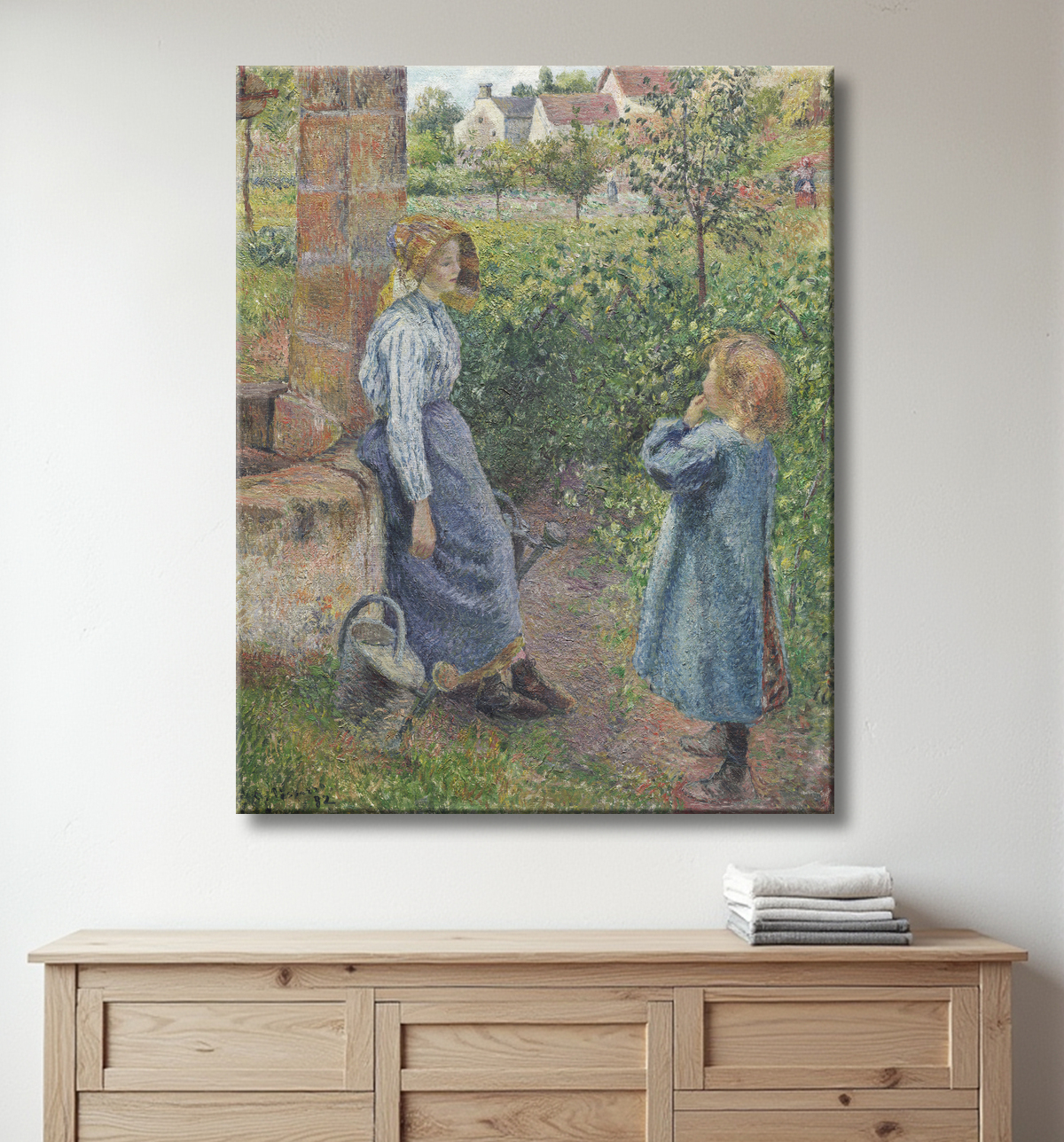 Reproduction Femme et enfant au puits de Camille Pissarro avec decor