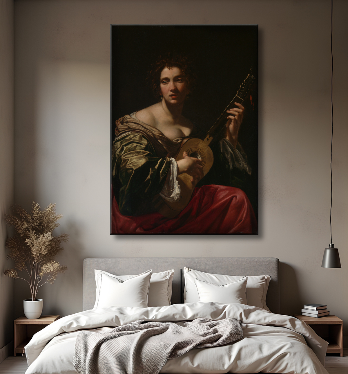 Reproduction Femme jouant de la guitare de Simon Vouet avec decor