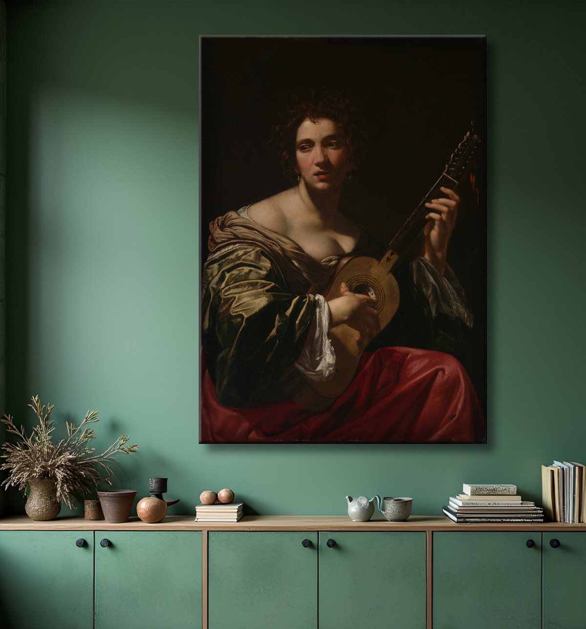 Reproduction Femme jouant de la guitare de Simon Vouet avec decor