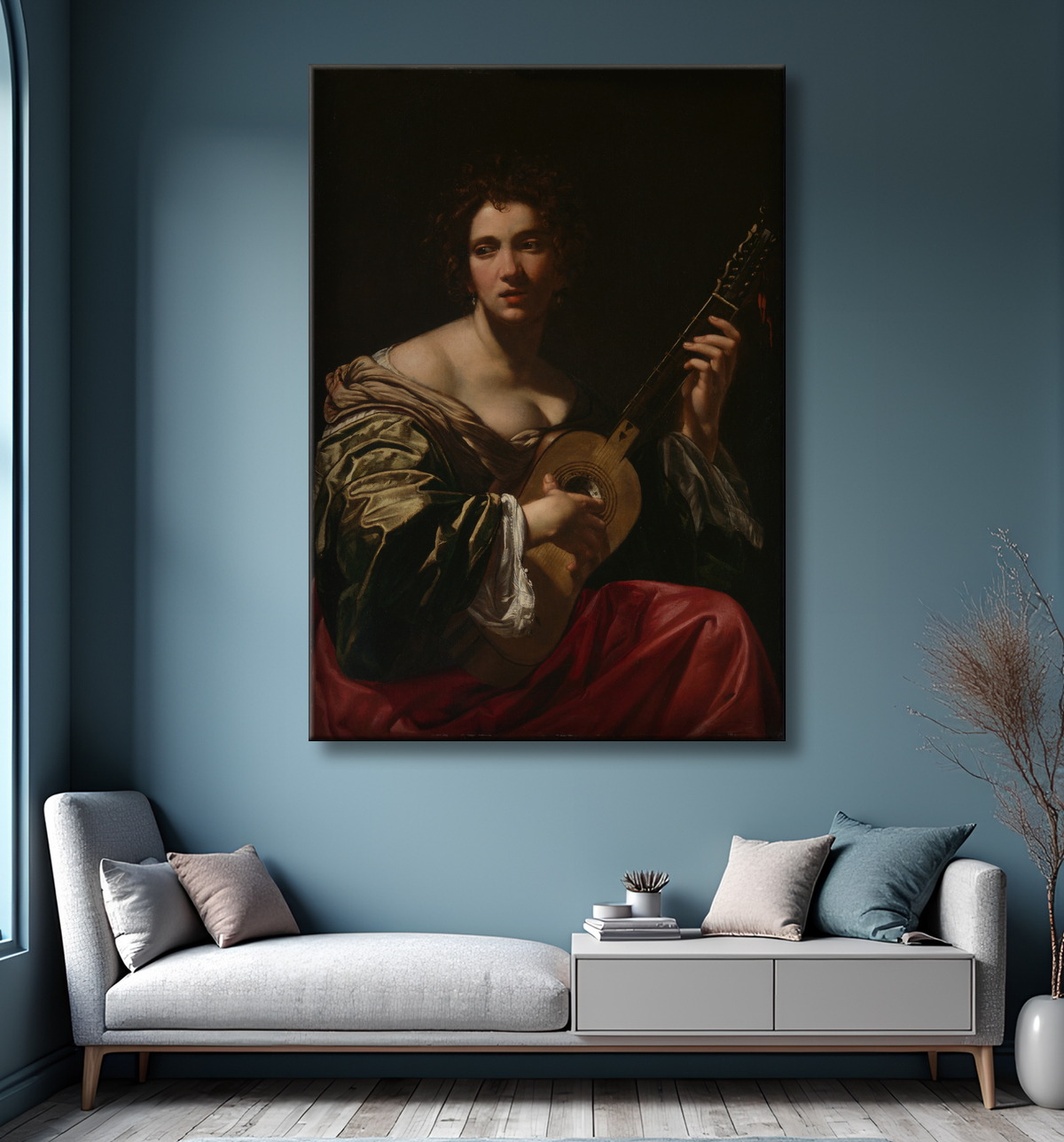 Reproduction Femme jouant de la guitare de Simon Vouet avec decor