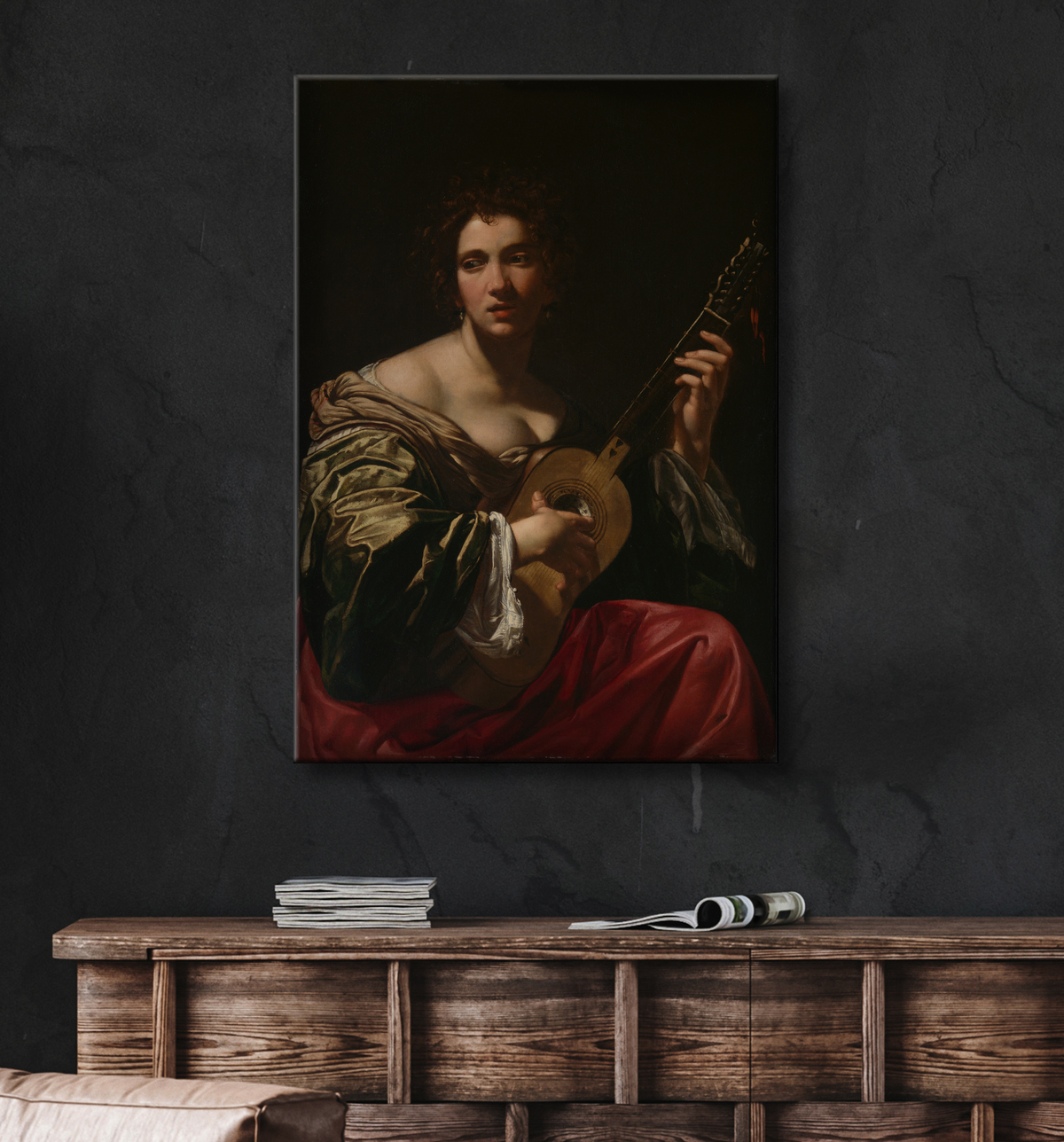 Reproduction Femme jouant de la guitare de Simon Vouet avec decor