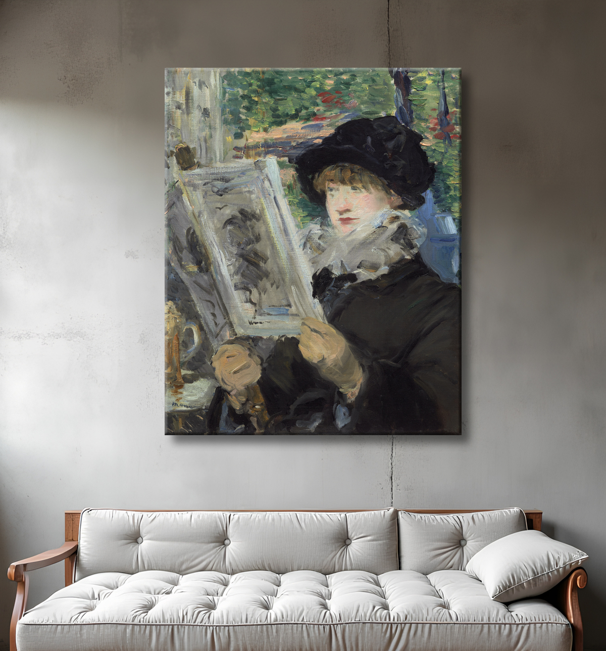 Reproduction femme lisant de Édouard Manet avec decor