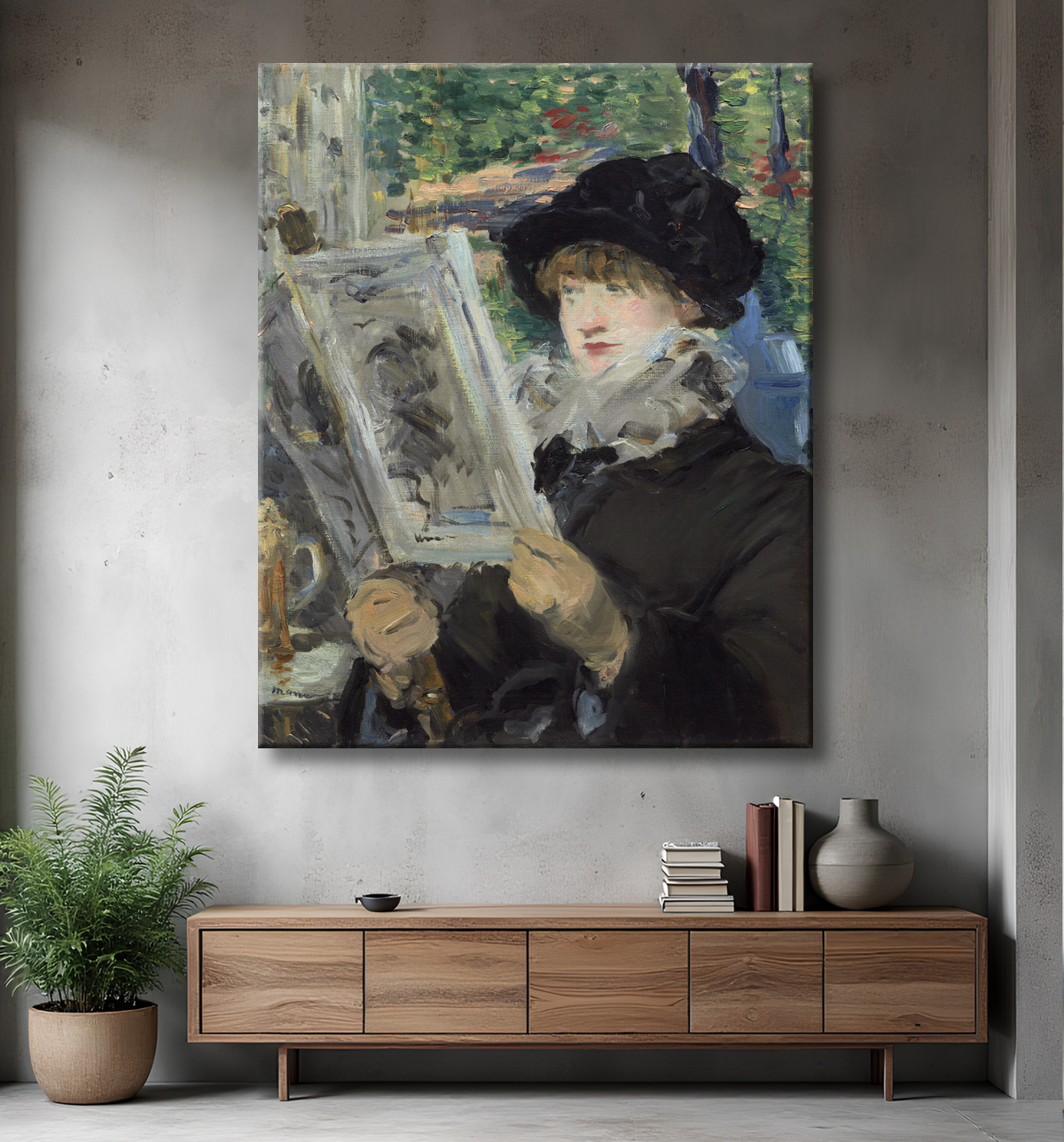 Reproduction femme lisant de Édouard Manet avec decor