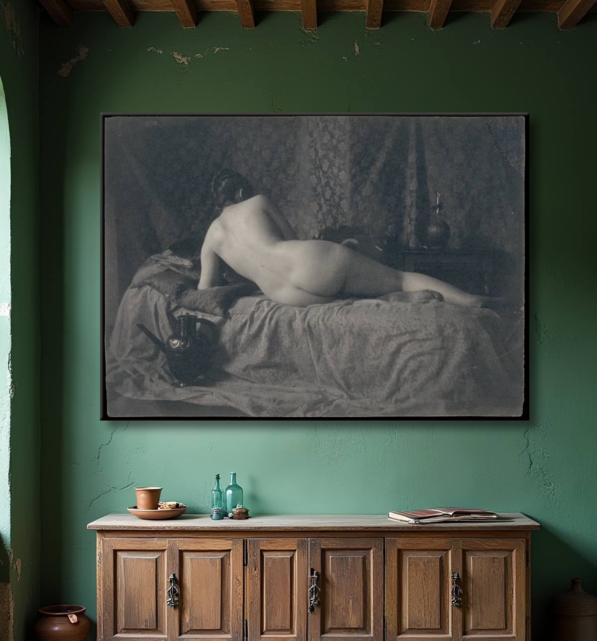 Reproduction [Femme nue de dos] de Unknown avec decor