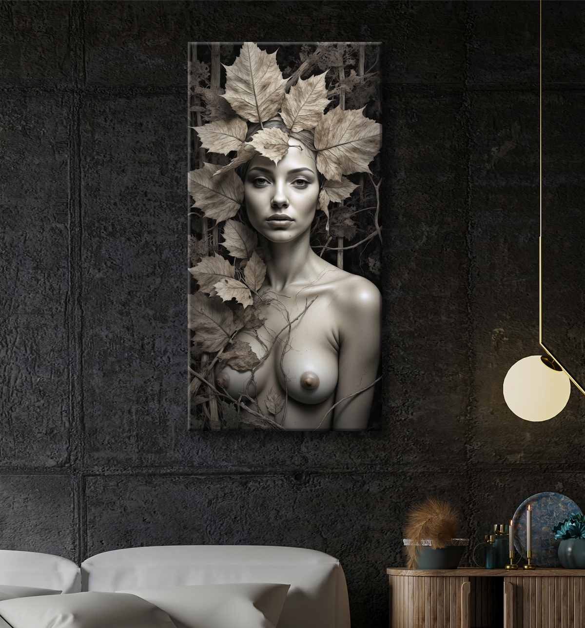 ableau sépia – Portrait féminin mystique aux feuilles séchées | Poster, toile & encadrement avec decor