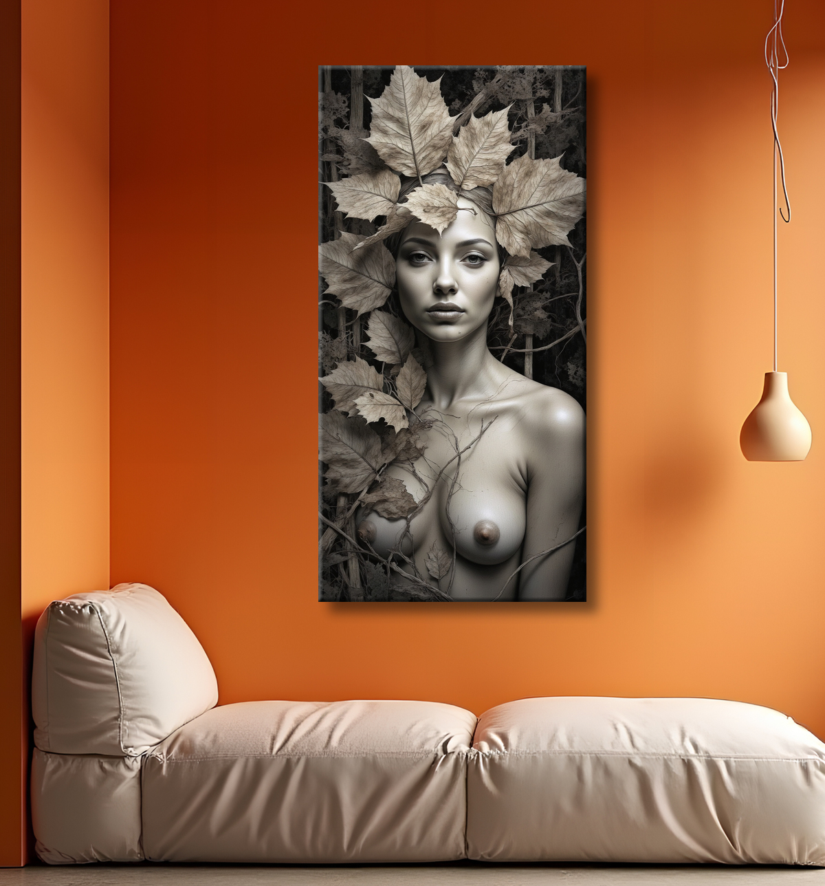 ableau sépia – Portrait féminin mystique aux feuilles séchées | Poster, toile & encadrement avec decor