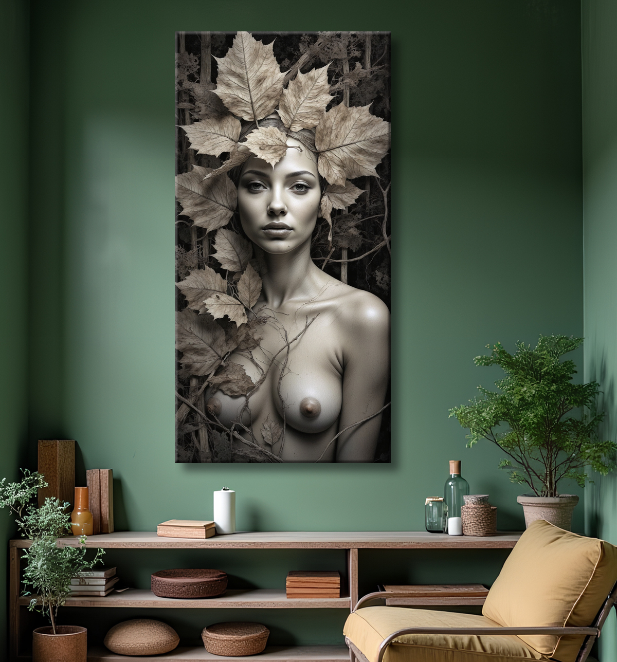 ableau sépia – Portrait féminin mystique aux feuilles séchées | Poster, toile & encadrement avec decor