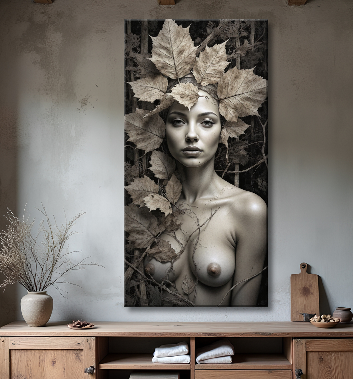 Portrait de femme mystique nue en tons sépia, couronne de feuilles et ambiance forêt vintage. Poster, affiche ou tableau sur toile/papier photo, formats sur-mesure (très grand format) et encadrements au choix sur Decotab.