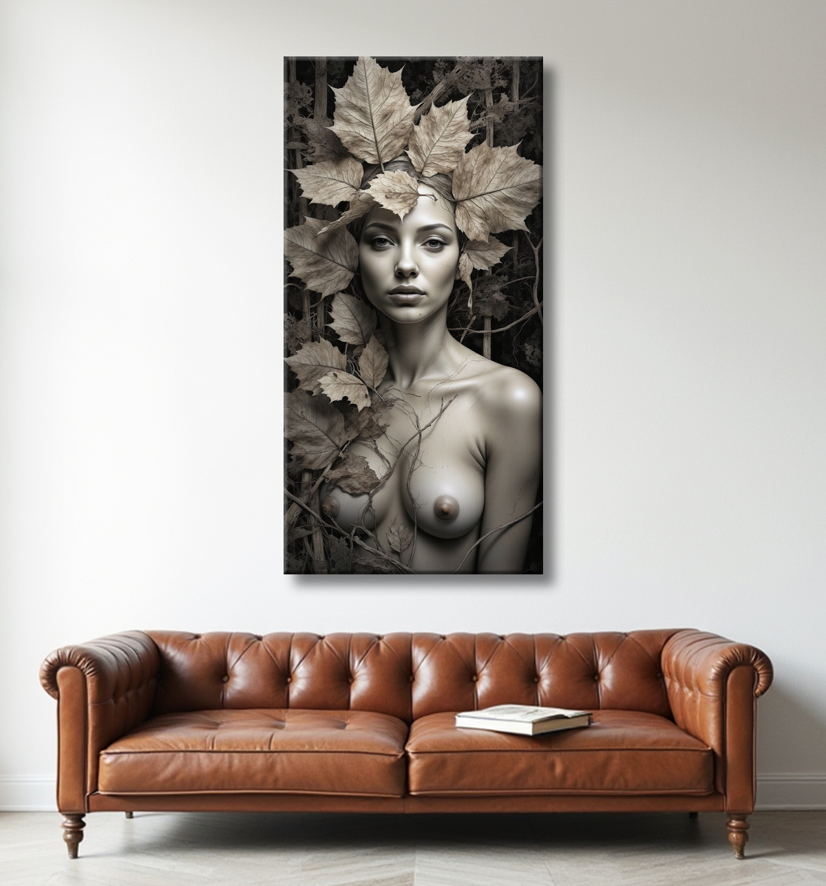 ableau sépia – Portrait féminin mystique aux feuilles séchées | Poster, toile & encadrement avec decor