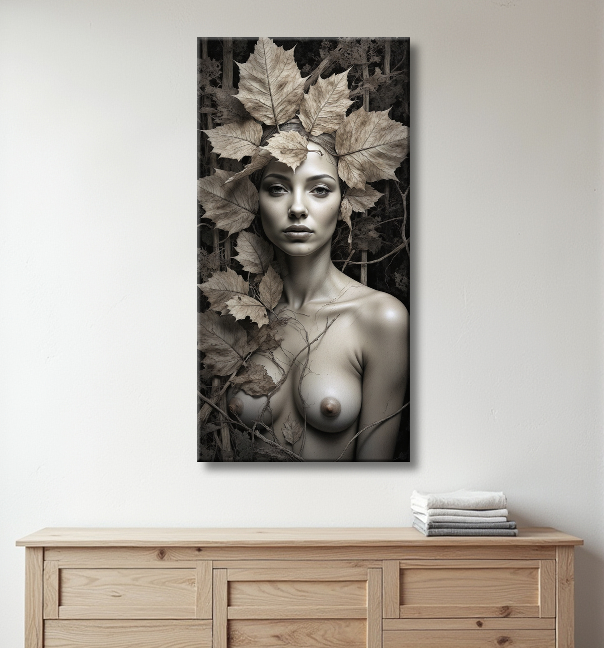 ableau sépia – Portrait féminin mystique aux feuilles séchées | Poster, toile & encadrement avec decor