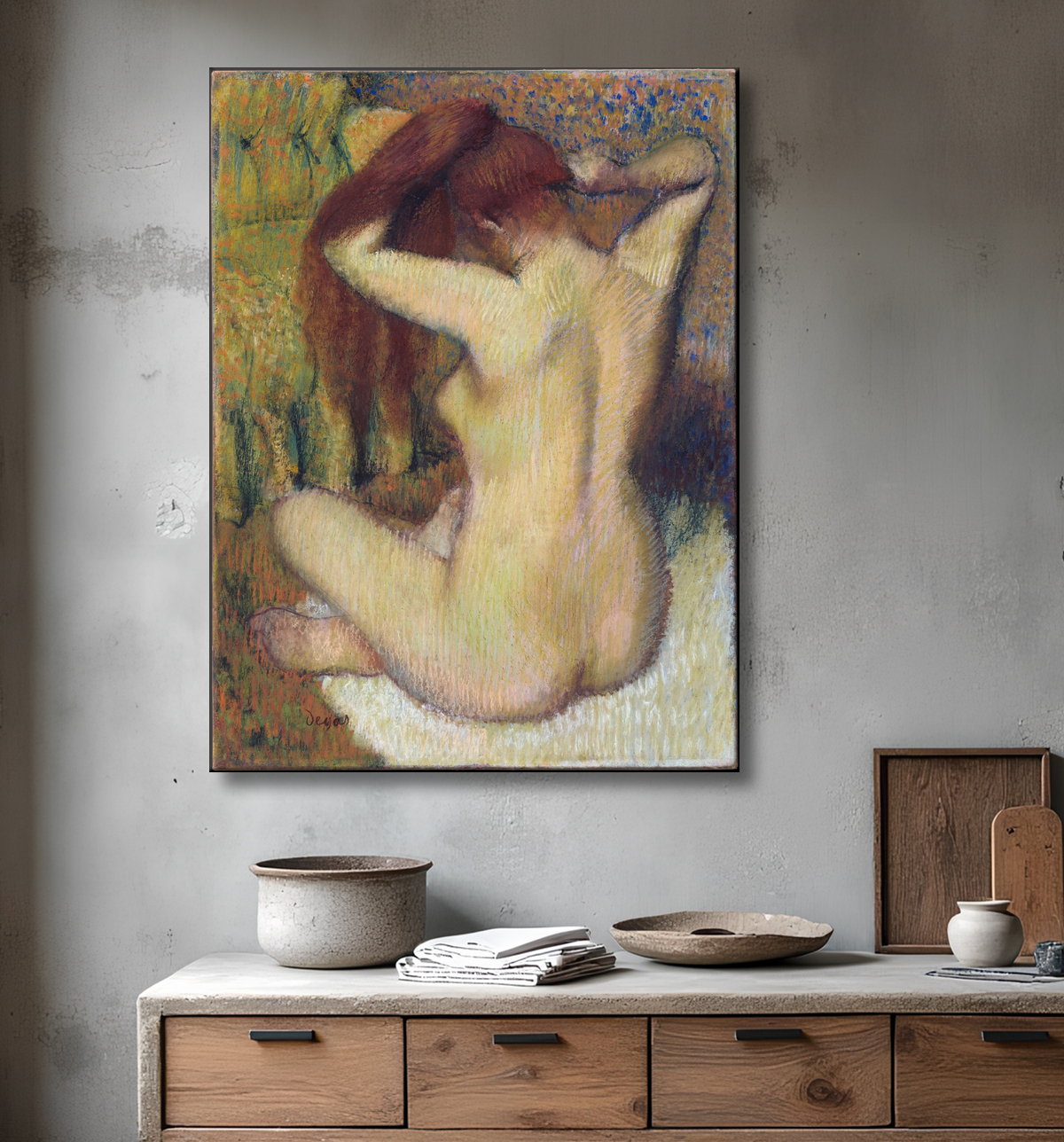 Reproduction femme, peignage, elle, cheveux de Edgar Degas avec decor