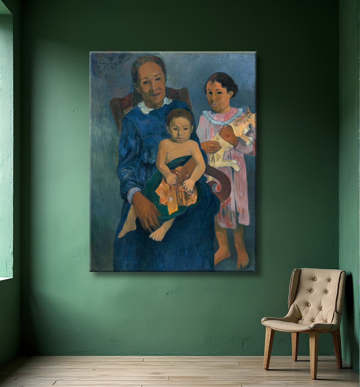 Reproduction Femme polynésienne avec enfants de Paul Gauguin avec decor