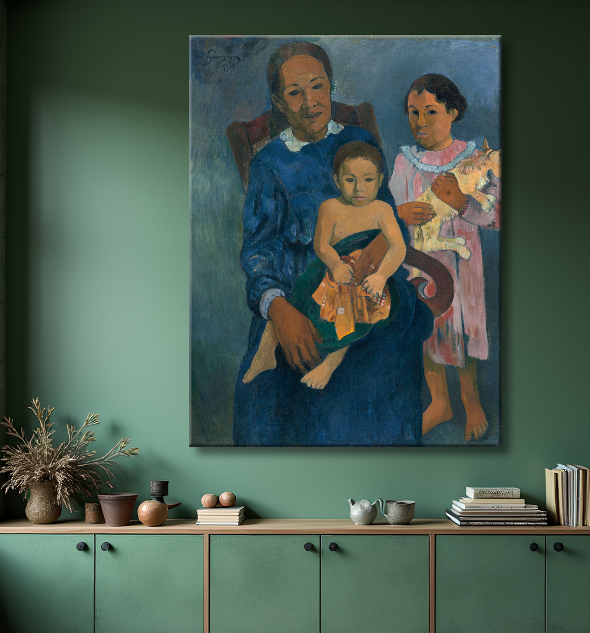 Reproduction Femme polynésienne avec enfants de Paul Gauguin avec decor