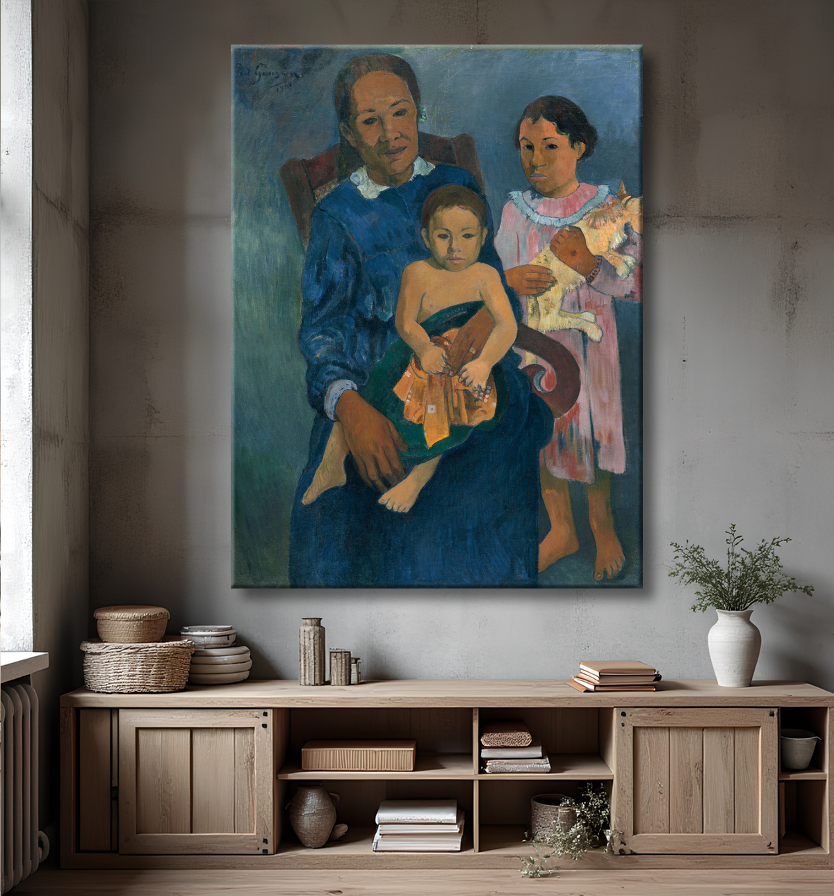 Reproduction Femme polynésienne avec enfants de Paul Gauguin avec decor