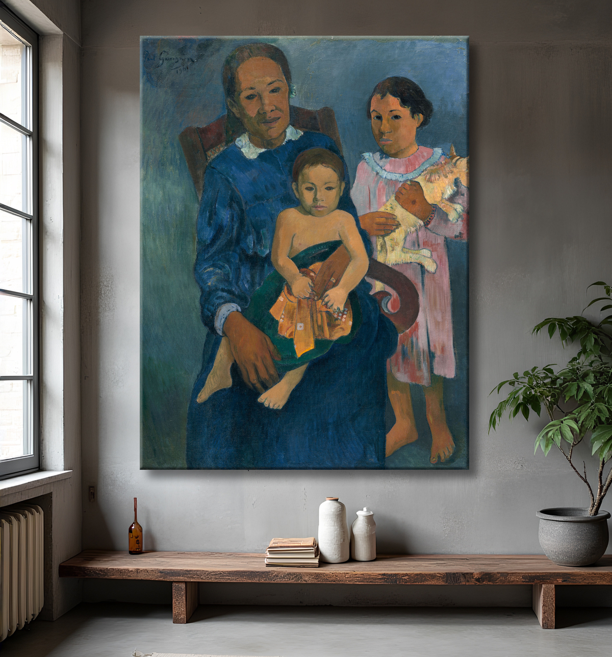Reproduction Femme polynésienne avec enfants de Paul Gauguin avec decor