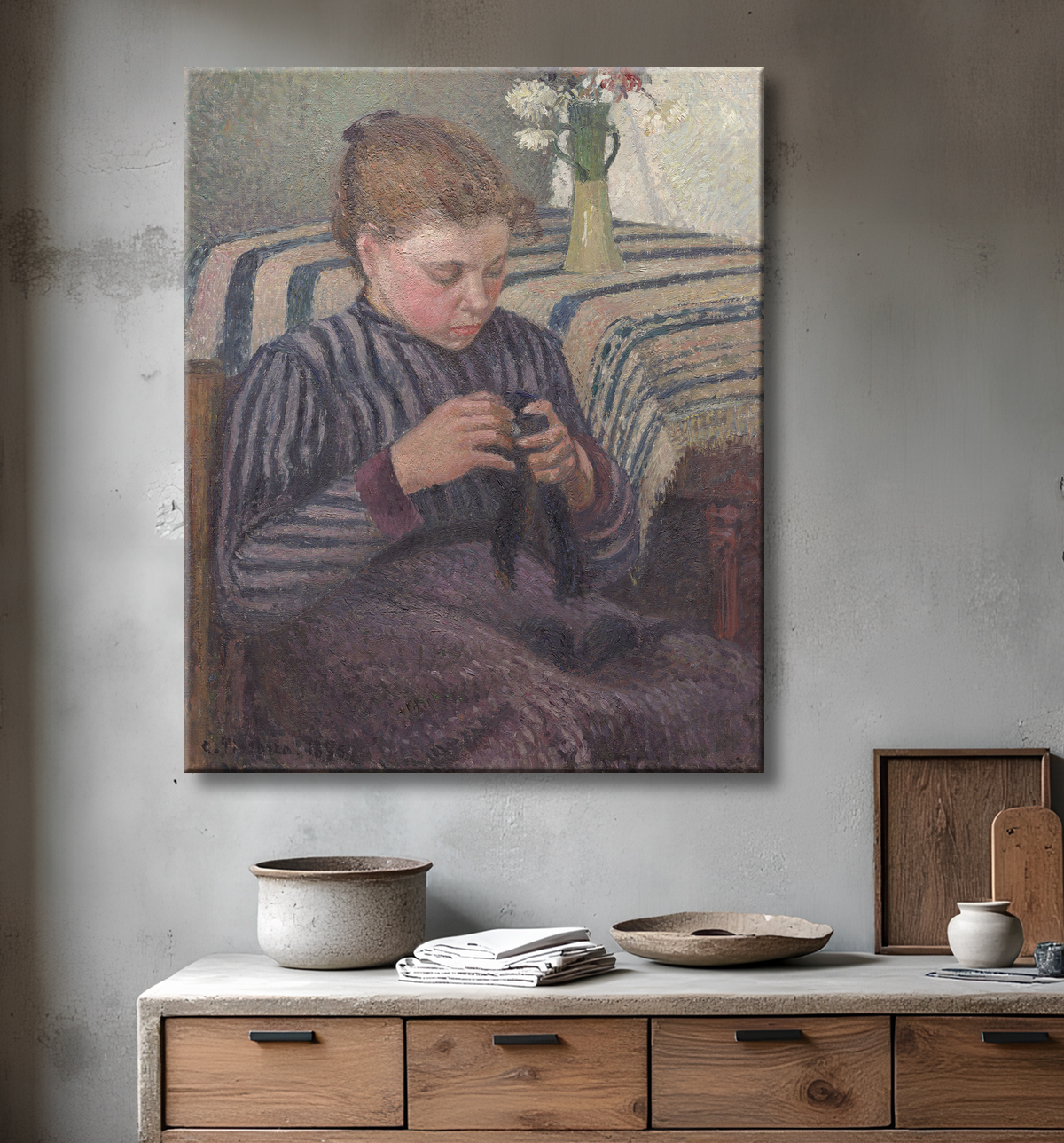 Reproduction femme réparant de Camille Pissarro avec decor