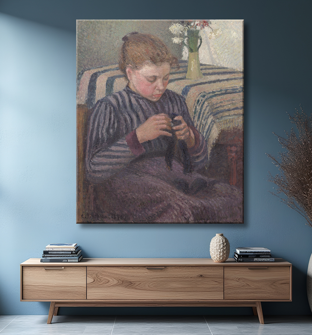 Reproduction femme réparant de Camille Pissarro avec decor