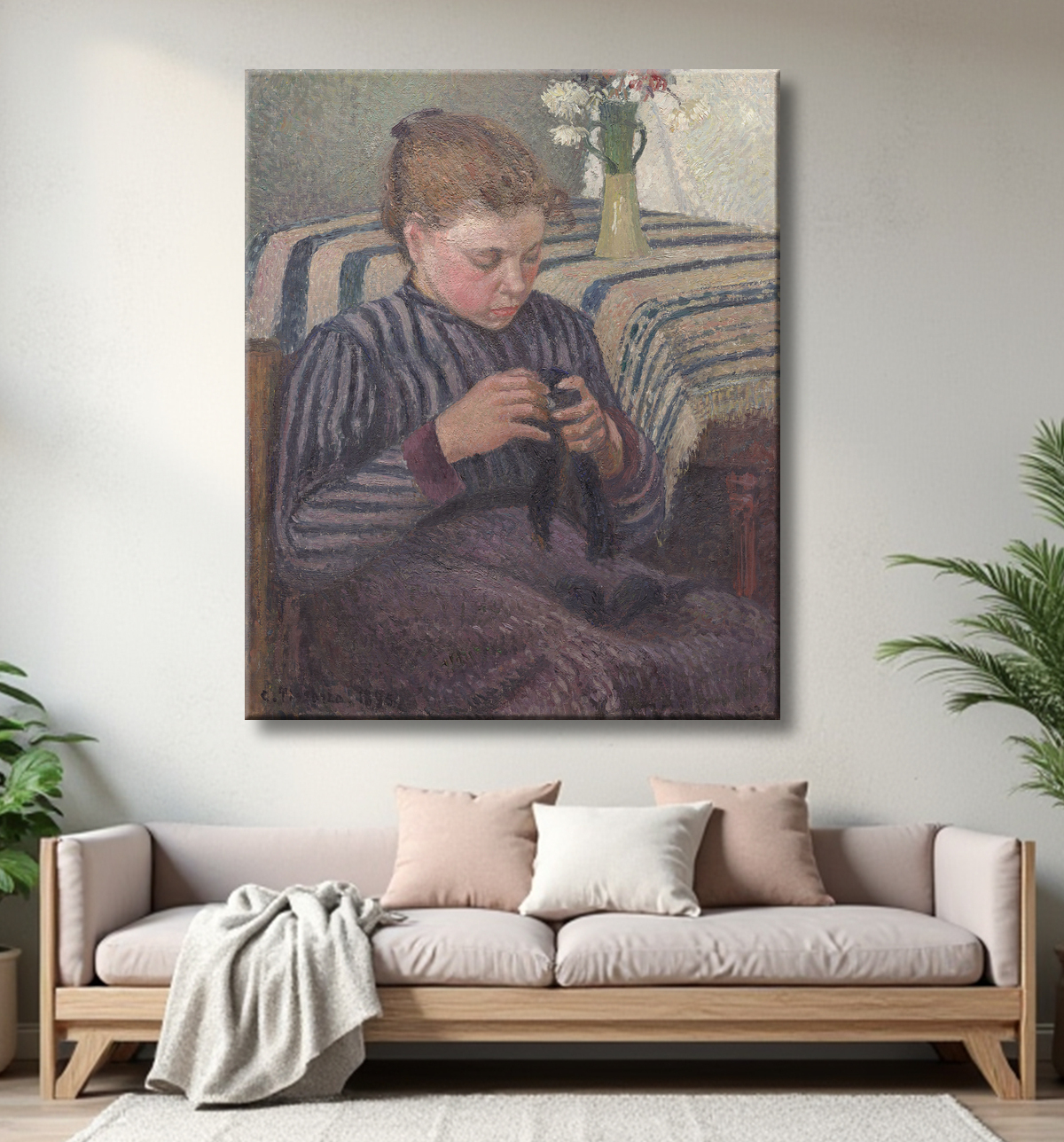 Reproduction femme réparant de Camille Pissarro avec decor