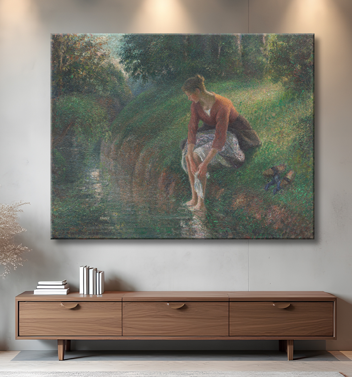 Reproduction Femme se baignant les pieds dans un ruisseau de Camille Pissarro avec decor