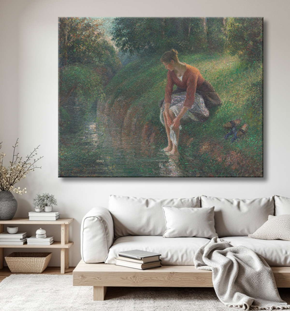 Reproduction Femme se baignant les pieds dans un ruisseau de Camille Pissarro avec decor