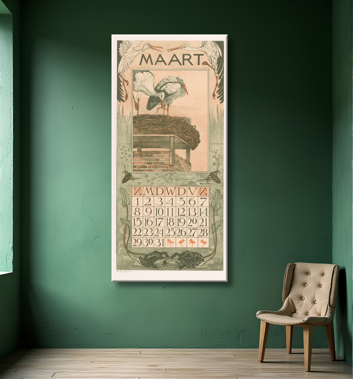 Reproduction Feuille de calendrier de mars avec des cigognes de Theo van Hoytema avec decor