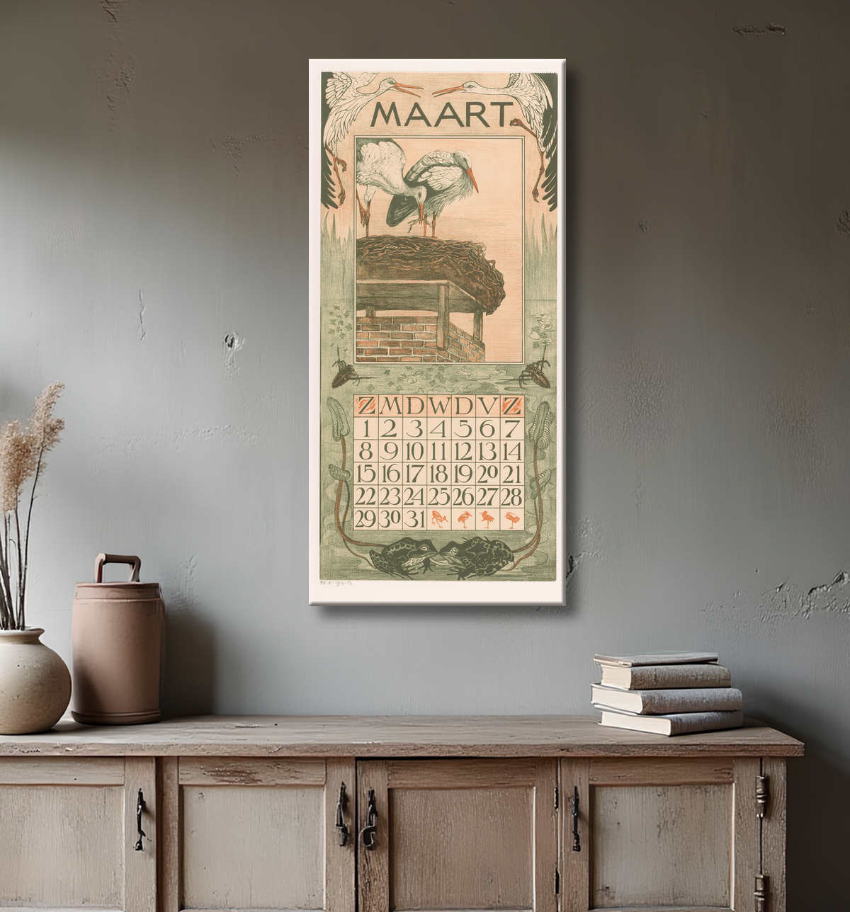 Reproduction Feuille de calendrier de mars avec des cigognes de Theo van Hoytema avec decor