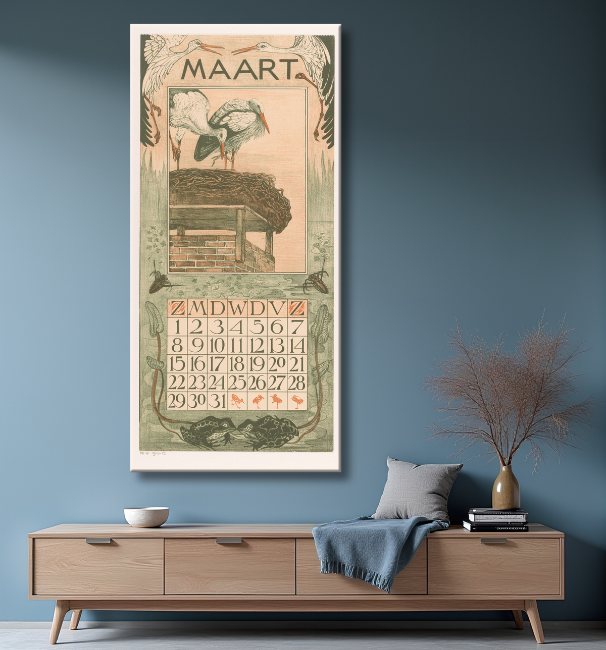 Reproduction Feuille de calendrier de mars avec des cigognes de Theo van Hoytema avec decor