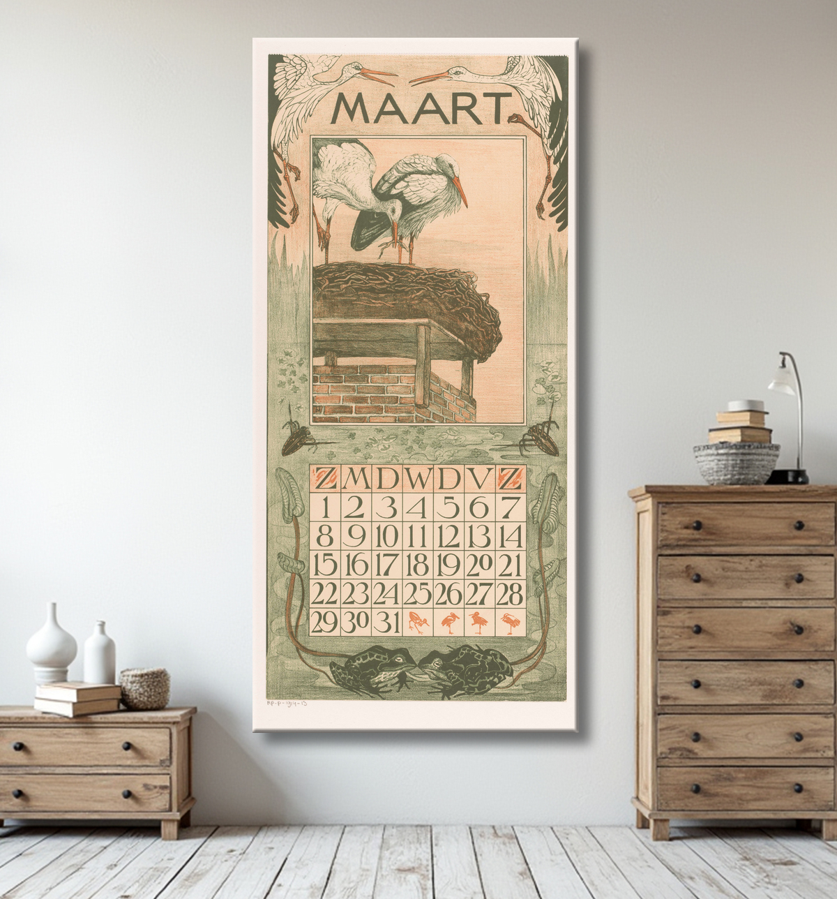 Reproduction Feuille de calendrier de mars avec des cigognes de Theo van Hoytema avec decor