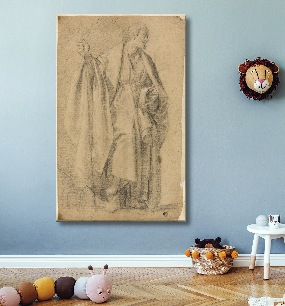 Reproduction Figure masculine drapée debout, tenant un bâton de Eustache Le Sueur avec decor