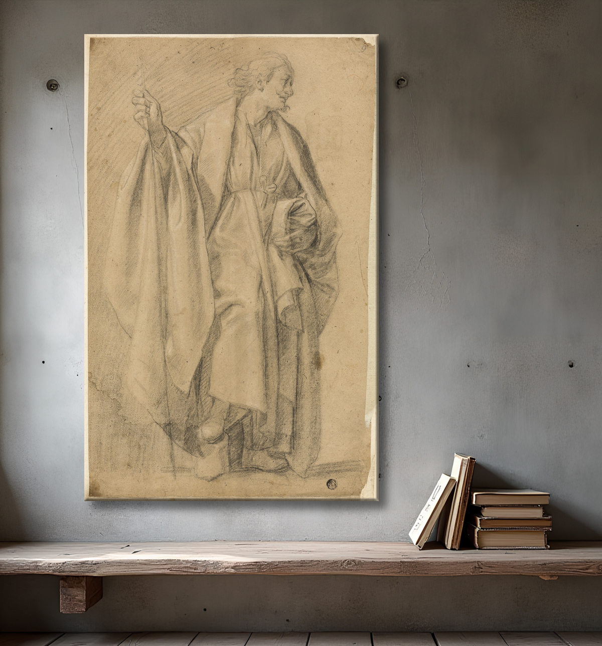 Reproduction Figure masculine drapée debout, tenant un bâton de Eustache Le Sueur avec decor